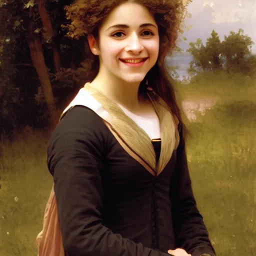 Image similar to painting of claudia vega as hermione granger. smiling. happy. cheerful. art by william adolphe bouguereau. extremely detailed. beautiful. 8 k. award winning.