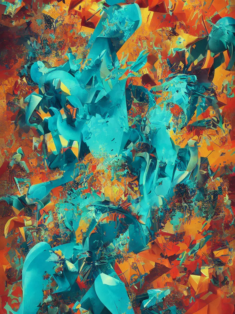 Prompt: a beautiful painting of a glitched explosion of primitive shapes in a monster carnival by oliver vernon and jonas burgert, trending on pinterest, fallas party figures, light turquoise and ocher color sheme