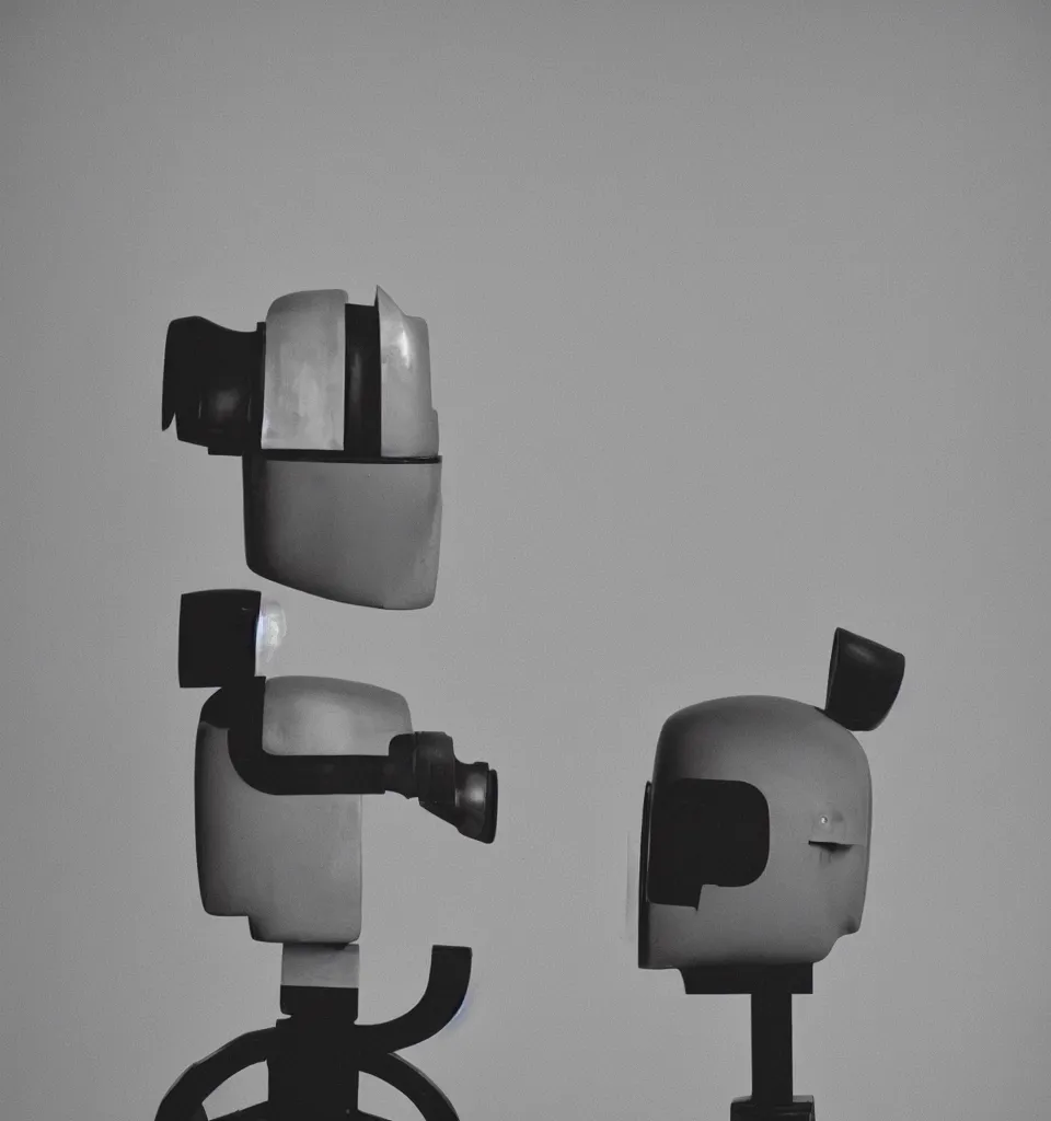 Image similar to studio portrait photo of a minimalist robot head, designed by Douglas Coupland, 50mm, pentax, film