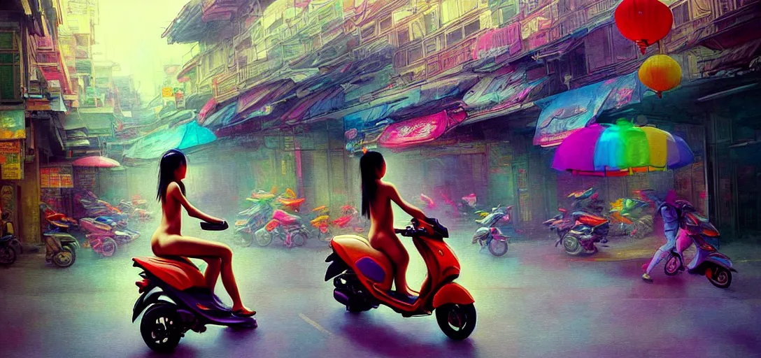 Image similar to a young asian girl, not wearing clothes, riding on the moped scooter, on the street of hanoi, digital illustration by ruan jia on artstation, colorful, rainbow, sunlight, soft lighting, insanely detailed and intricate, hypermaximalist, elegant, ornate, hyper realistic, super detailed, by akihito yoshida, by bob byerley