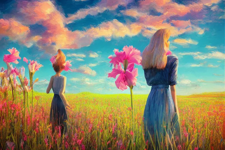 Image similar to giant gladiola head, girl walking in field of flowers, surreal photography, sunrise, blue sky, dramatic light, impressionist painting, digital painting, artstation, simon stalenhag