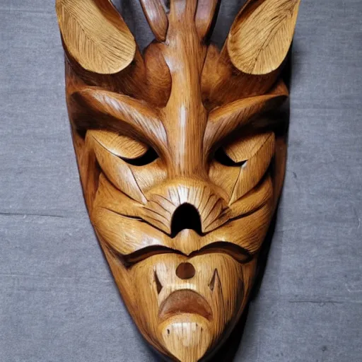 Image similar to a beautiful kitsune mask carved in wood and made by iris van herpen