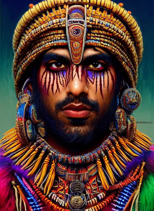 Image similar to portrait of suraj sharma, hyper detailed ultra sharp aztec shaman warrior. trending on artstation, warpaint aesthetic, bloodwave, colorful, psychedelic, ornate, intricate, digital painting, concept art, smooth, sharp focus, illustration, art by artgerm and greg rutkowski and h. r. giger, 8 k