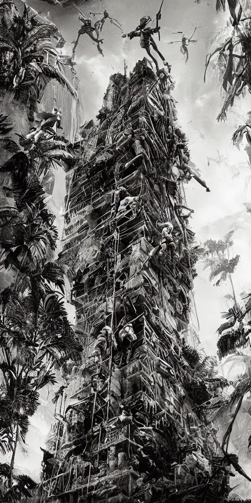 Image similar to editorial photo of tower in the jungle full of climbing people, armored warriors and Amazon climbs and fight, epic,three point perspective, vintage, blood, slight inspiration of Boris vallejo and apocalypto, war photography