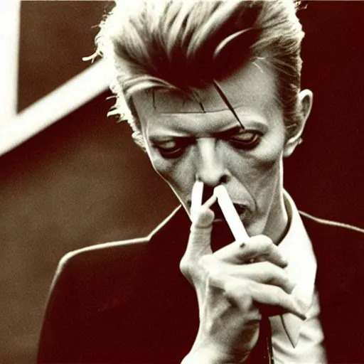 Prompt: photo of David bowie smoking a cigarette, high quality