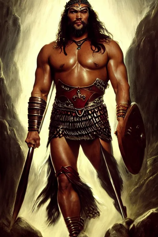 Image similar to beautiful portrait oil painting, jason momoa conan the barbarian standing in a dungeon wearing a crown and royal crimson spartan armor enthroned as the god emperor of ancient rome, muscular, action pose, frank frazetta, boris vallejo, greg rutkowski, beautiful cinematic light, low angle, thomas lawrence, greg rutkowski, high contast