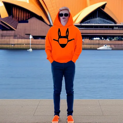 Prompt: A portrait photo of a kangaroo wearing an orange hoodie and blue sunglasses standing on the grass in front of the Sydney Opera House holding a sign on the chest that says Welcome Friends, subject: kangaroo, subject detail: wearing orange hoodie, wearing blue sunglasses, subject location: sydney opera house, subject action: holding sign
