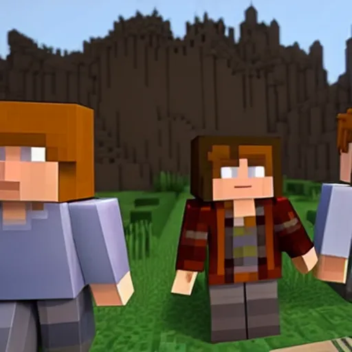 Prompt: Harry Potter, Hermione Granger and Ron Weasley, in Minecraft