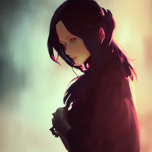 Image similar to female human vampire witch in the style of greg rutkowski, makoto shinkai, trending on artstation, character design, concept art, pretty face, highly detailed, long black hair, portrait, digital art