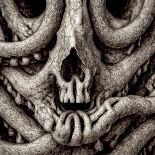 Prompt: extreme closeup photo of a Skulls shrouded in intestine vines, flies sitting on the skull, body horror, 3D render,subsurface scattering,global illumination,raytracing,studio lighting,optical lens flare fx,bokeh,cinematic,photorealistic,photography by Helmut Newton, Sigma 85mm f/1.4, 4K, UHD, HDR