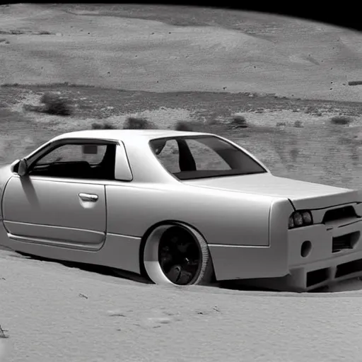 Prompt: vintage photo of nissan skyline r 3 4 near egypt pyramids, grayscale, photorealistic, highres