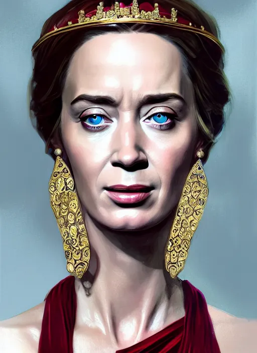 Image similar to portrait of emily blunt as queen, jewelry, greek, ruby, victorian age, 1 8 9 0, intricate, headshot, key visual, conceptart, ambient lighting, highly detailed, digital painting, artstation, concept art, sharp focus, by makoto shinkai and akihiko yoshida and greg manchess