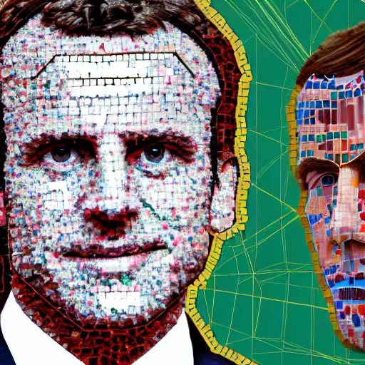 Image similar to portrait mosaic of Emmanuel macron as a robot, 4k, intricate details, digital, sun in the background