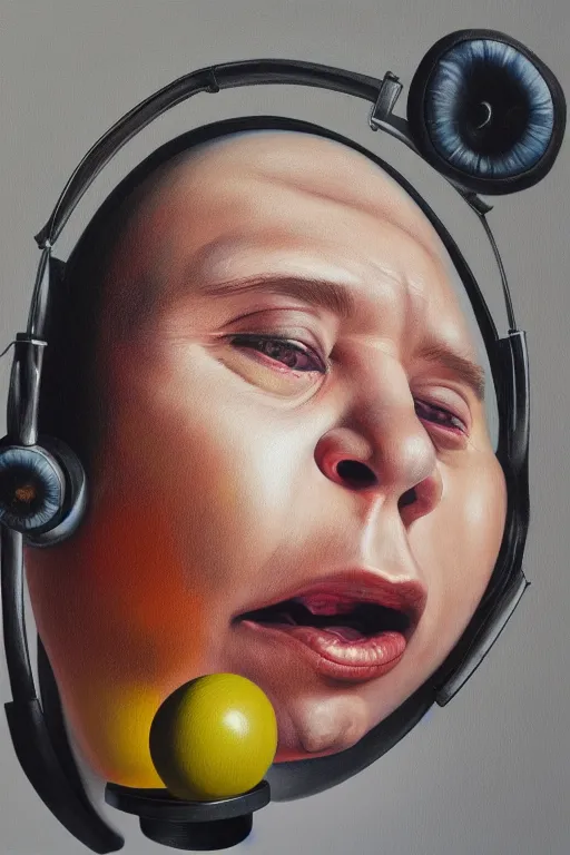 Image similar to hyperrealism surrealism acrylic painting, close - up portrait of bowling ball - with big headphones and a mime sweater, aerosol splashes on paper background, art by jeff soto