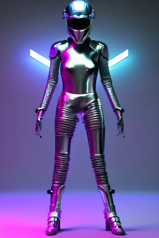 Prompt: female chrome futuristic cyborg with helmet, curved metal Loki horns, chrome motorcycle parts, full body, machine abstract background, neon bar lights, 3d render, octane, 8k, volumetric lighting, hyper-realistic, dark fantasy, diffuse lighting, intricate, highly detailed, lifelike, photorealistic, digital painting, trending on artstation, smooth, sharp focus, art by John Collier and Albert Aublet and Krenz Cushart and Artem Demura and Alphonse Mucha