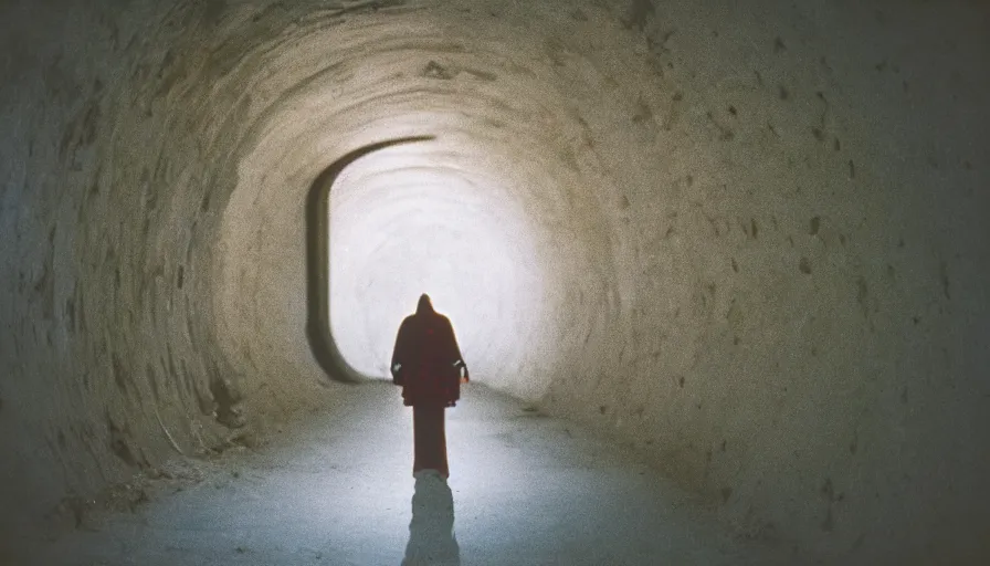 Image similar to portrait of a white female phantom an empty soviet tunnel, cinestill 800t 35mm, heavy grain, high quality, liminal space style