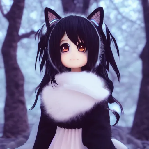 Prompt: render of a very kawai 3d anime girl, wearing fluffy black scarf, long dress, black long curly hair, watery eyes, cat ears, in the magical forest, medium shot, mid-shot, highly detailed, trending on Artstation, Unreal Engine 4k