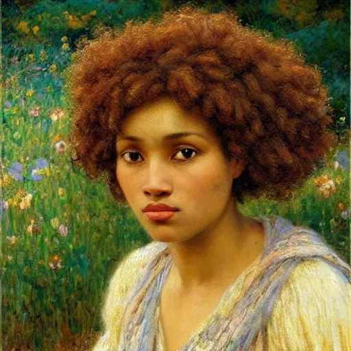 Image similar to east african woman with curly hair, simple background, fedosenko roman, j. w. godward, jose miguel roman frances, intricate details, countryside, dreamy, impressionist, figurative