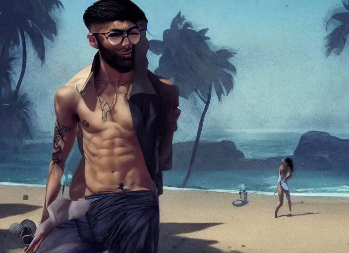 Prompt: muscular Zayn Malik smirking and wearing cholo sunglasses with white shirt open, along the beach, twilight, steelpunk, ghibli studio, nekro, Tom Bagshaw, Craig Mullins, octane 8k, by brian froud, Trending on ArtStation