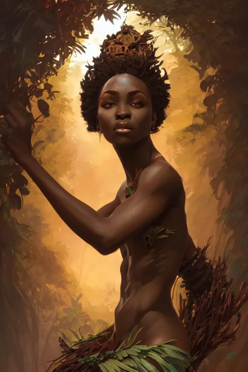 Image similar to african goddess of nature, accurate anatomy, only two hands, highly detailed, digital painting, artstation, concept art, smooth, sharp focus, illustration, Unreal Engine 5, 8K, art by Ross Tran and greg rutkowski and alphonse Mucha