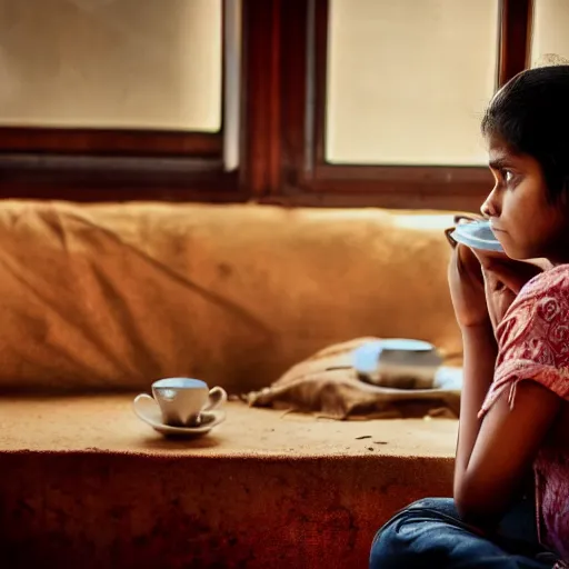 Image similar to teenage indian girl drinking a cup of tea, Cinematic, DSLR, First-Person view, Depth of Field, Full-HD, Sad, Lonely, Feng Shui, Moody Lighting, Cinematic Lighting, Studio Lighting, RTX, by Takashi Murakami