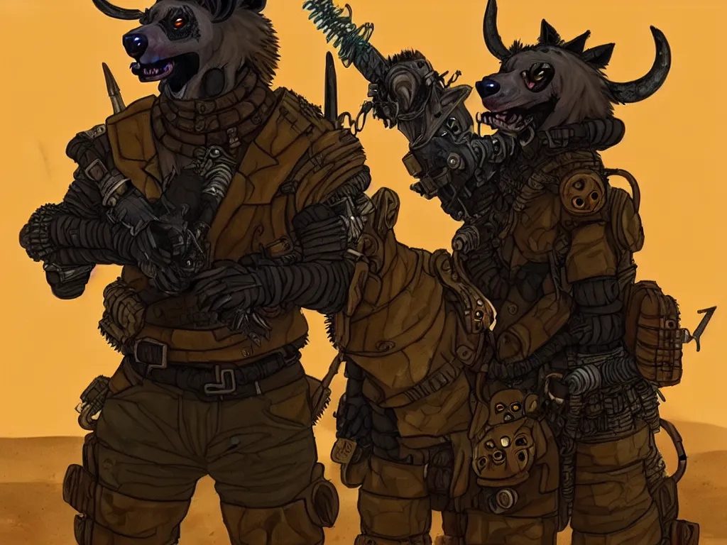 Image similar to a good ol'hyena fursona ( from the furry fandom ), heavily armed and armored facing down armageddon in a dark and gritty version from the makers of mad max : fury road. witness me.