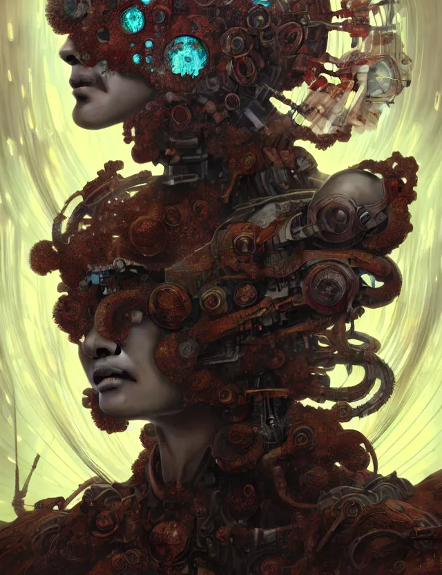 Image similar to asura from chinese myth, ghost, gorgeous and huge head ornaments, dystopian, cyberpunk, organic fractal mycelum and fungi, mecha, halfturn portrait of a big crystal face made of crystals half - turn, ominous, intricate, studio, art by anthony macbain + greg rutkowski + alphonse mucha, concept art, 4 k, sharp focus