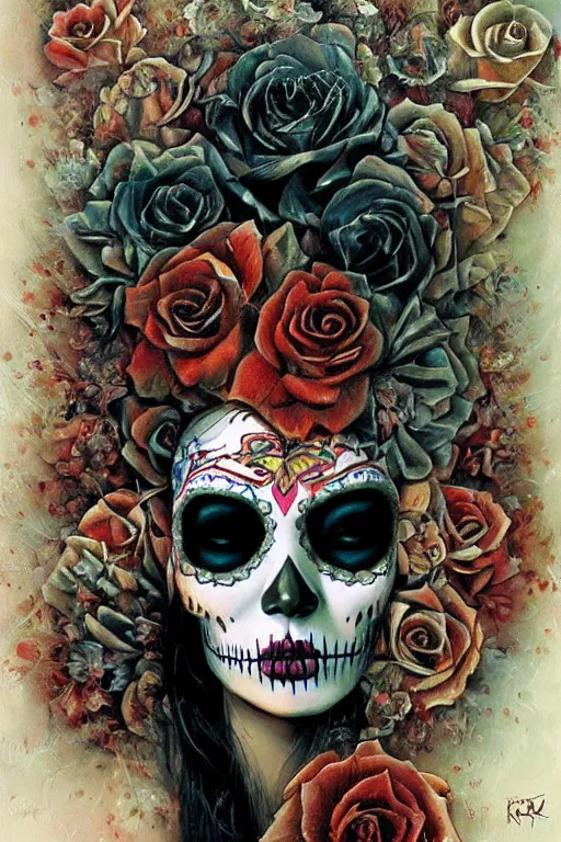 Image similar to illustration of a sugar skull day of the dead girl, art by karol bak