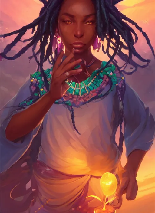 Image similar to beautiful black woman casting magical spells with powerful crystals, beaded dreadlocks and kemetic imagery, 2 d game fanart behance hd by jesper ejsing, by rhads, makoto shinkai and lois van baarle, ilya kuvshinov, rossdraws, dramatic sunset, global illumination, radiant light, detailed and intricate environment