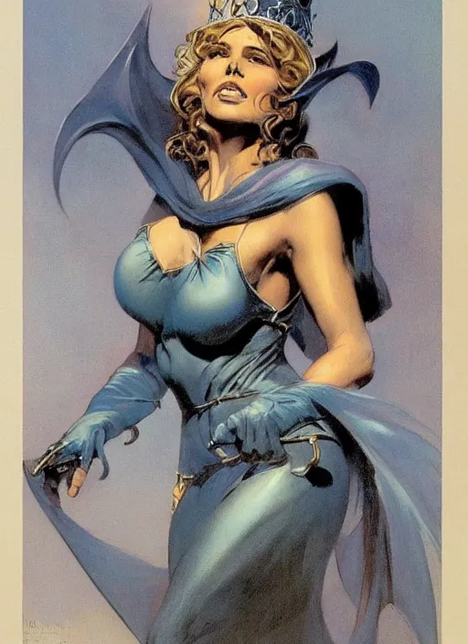 Image similar to mighty plump female sorceress, blue tiara, lightning strike above head, strong line, muted color, beautiful! coherent! by frank frazetta, by brom