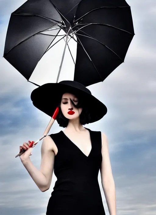 Image similar to a beautiful white pale skin girl, full body, black dress, vibrent red lipstick, a black hat, black umbrella black and white