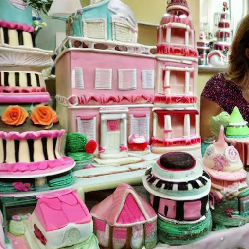 Prompt: A woman discovers that everything is made of cakes: the house, the car and even herself