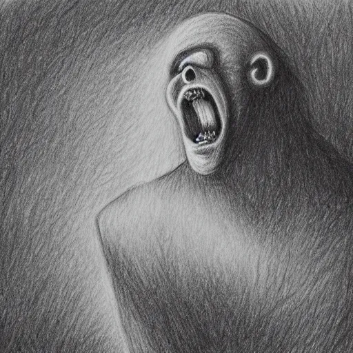Prompt: pencil drawing of terrifying black ghost shouting, scaring, horror, nightmare, panic, aggresive strokes