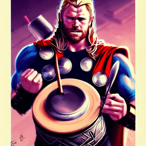 Image similar to thor playing the bongos, comic style by guweiz and stanley artgerm, extremely high quality artwork, very detailed, trending on artstation