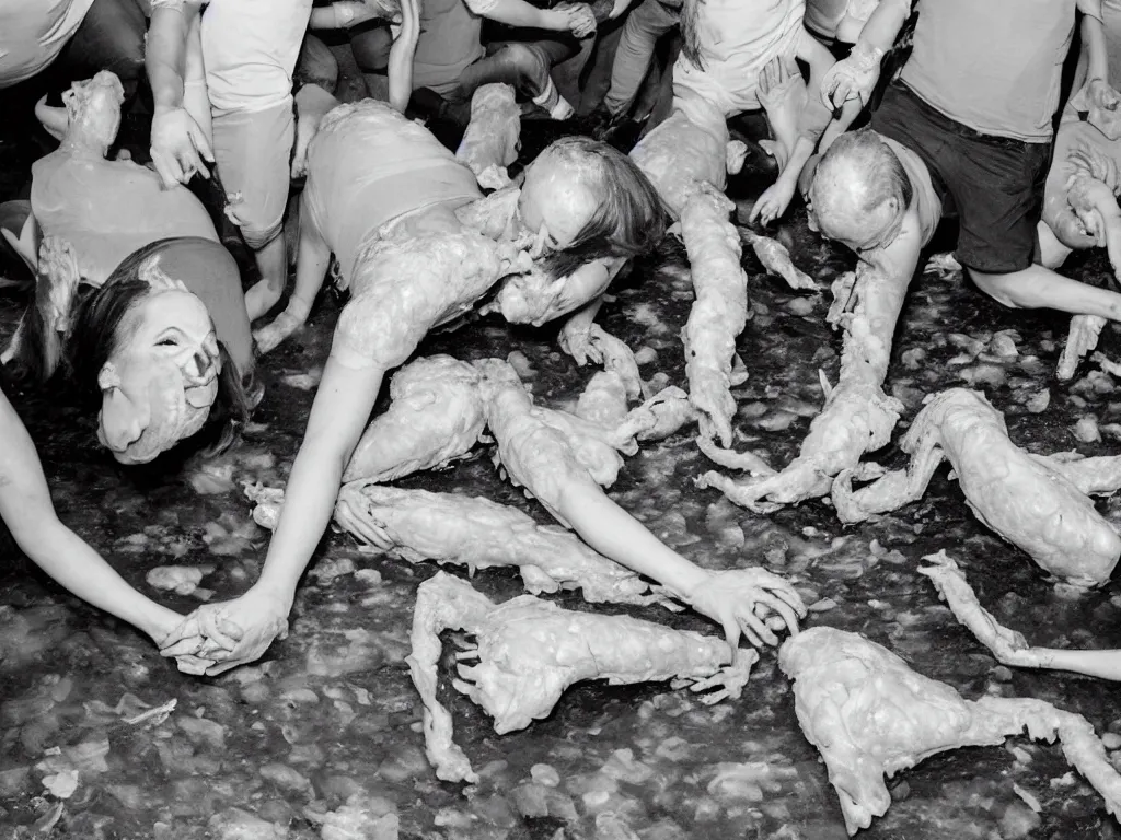 Image similar to irradiated lovers hold hands under a bridge made of raw chicken. they cast a deathly shadow over the foreground. a troupe of breakdancing squid entertain to the left hand side. foam party to the right