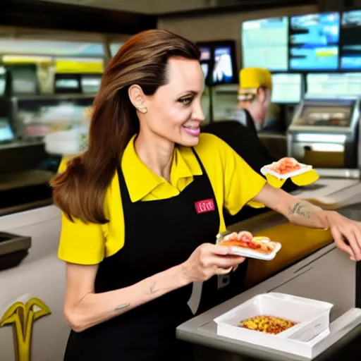 Prompt: Angelina Jolie working as a McDonalds cashier, macro, wide shot, dramatic, HD