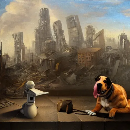 Image similar to a dog and a robot watching destroyed city from a rooftop, painting