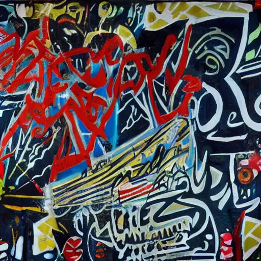 Image similar to arabic calligraphy, transylvanian folk art, in the style of graffiti, made by jean michel basquiat, made by banksy