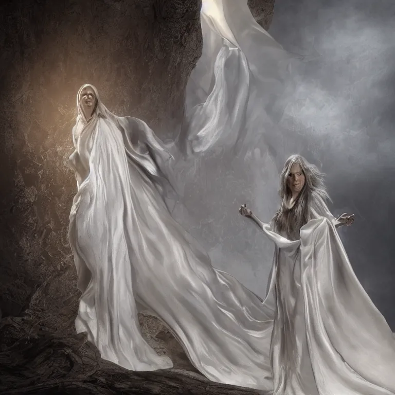 Prompt: octane render portrait by wayne barlow and carlo crivelli and glenn fabry, a woman wearing a giant huge long flowing billowing sheet of white silk, standing in a dark and moody beautiful western landscape, volumetric lighting, fog and mist, cinema 4 d, ray traced lighting, very short depth of field, bokeh