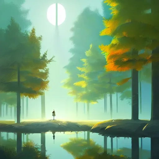 Prompt: goro fujita ilustration a beautiful forest with tall and short trees, with lots of vegetation, reflected in a lake, the rays of light go through the forest, painting by goro fujita, sharp focus, highly detailed, artstation