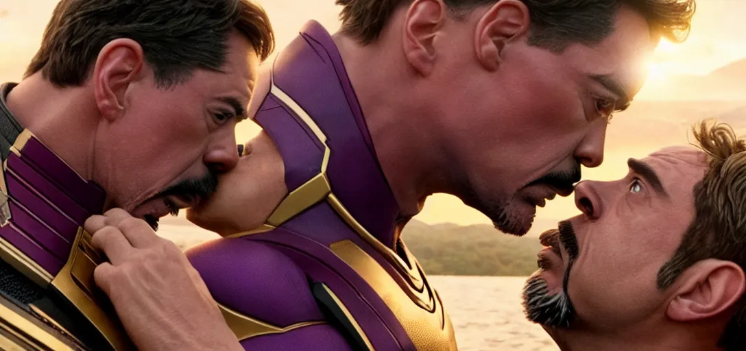 Image similar to a very high resolution image from a new movie. thanos kissing tony stark on a lake, photorealistic, photography, directed by wes anderson