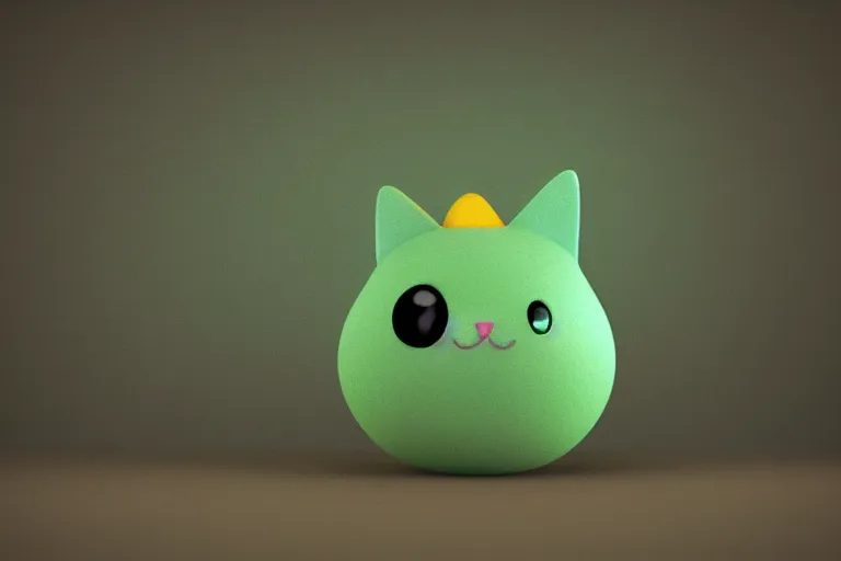 Image similar to a cute cat as mango fruit, misty, glows, blender render, hazy, foggy, green lighting,