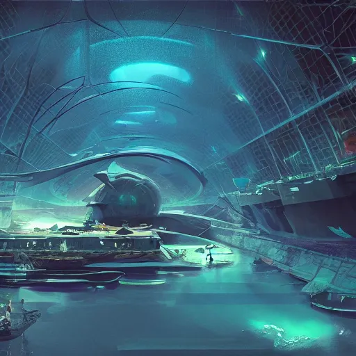 Image similar to underwater spy facility, grand obsessive compendium. intricate artwork, by tooth wu, wlop, beeple, dan mumford. concept art, octane render, trending on artstation, greg rutkowski very coherent symmetrical artwork. key art, high detail, octane render, 8 k, iridescent accents