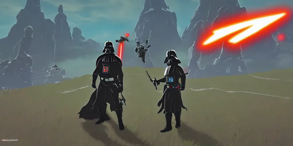 Prompt: darth vader in the style of the legend of zelda breath of the wild, the legend of zelda breath of the wild gameplay