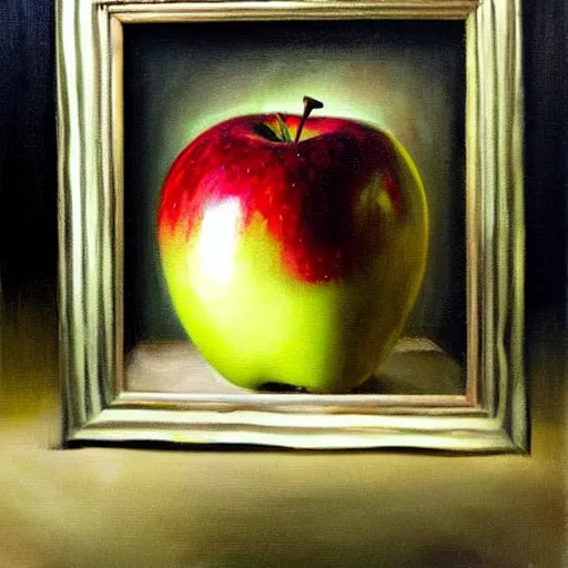 Prompt: an oil painting of an apple painted by Esao Andrews. dark, gothic, moody, darkcore. painting trending on Artstation