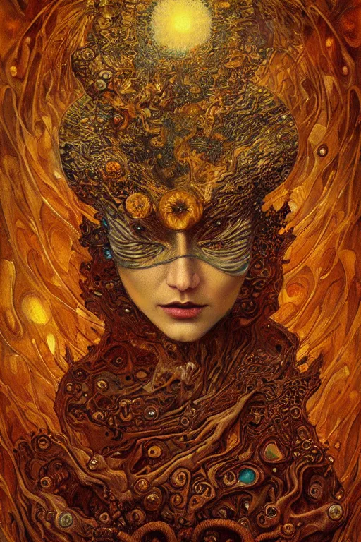 Image similar to Visions of Hell by Karol Bak, Jean Deville, Gustav Klimt, and Vincent Van Gogh, infernal, visionary, otherworldly, fractal structures, ornate gilded medieval icon, third eye, hellfire, spirals