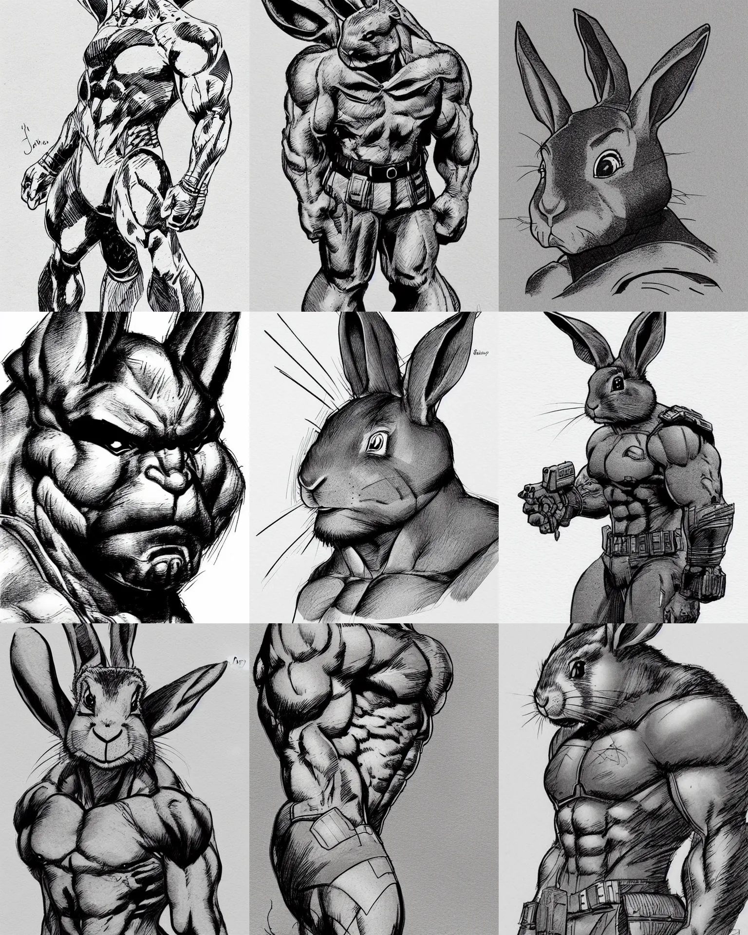 Prompt: rabbit!!! jim lee!!! medium shot!! sideview!! flat grayscale ink sketch by jim lee close up in the style of jim lee, depressed dramatic bicep pose, swat soldier armor borderlands hulk rabbit animal by jim lee