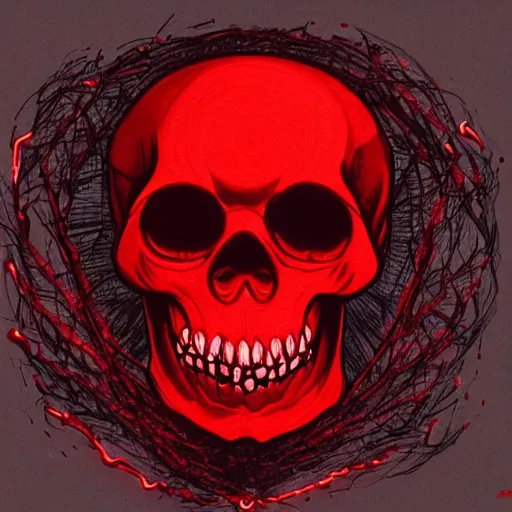 Image similar to red glowing skull, red webs, rafael moco