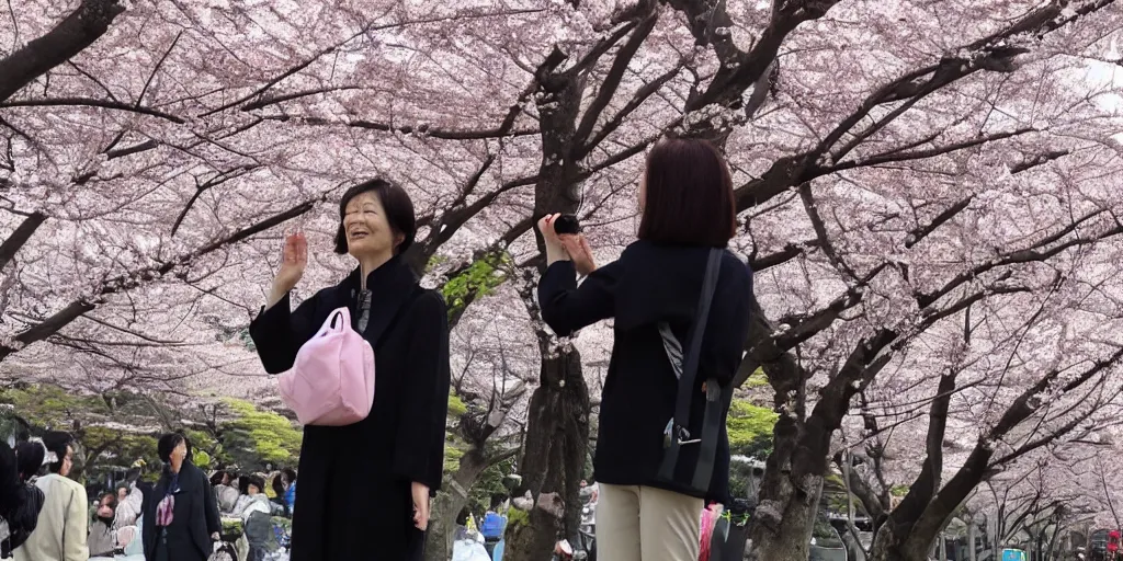 Prompt: tsai ing - wen looks at cherry blossoms in tokyo