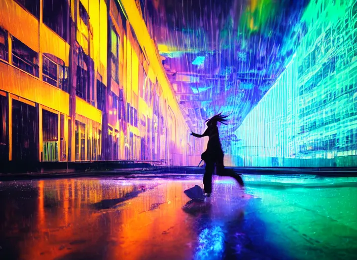 Image similar to a silhouetted person with long, flowing hair runs through an empty neon - lit brutalist city in the rain, colored gel lighting, reflective surfaces, midnight, kodak portra, 8 k art print, film grain, high contrast, hyperdetailed, chromatic aberration, dynamic pose